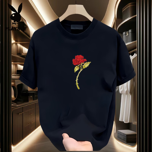 Playboy (PLAYBOY) short-sleeved T-shirt for men and women couples outfits trendy brand round neck printed T-shirt pure cotton simple loose versatile half-sleeved top summer black [front large picture K1049 single red rose S recommended 90-100 Jin [Jin equals 0.5 kg]