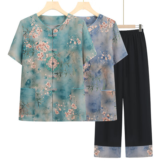 Jinggong Vêtements âgés Style grand-mère 70-80 ans Summer à manches courtes à manches courtes Mère Femelle Two Pieces 6626 Bleu (ensemble) 4xl [Recommandé 130-145 Jin [Jin est égal à 0,5 kg]]]