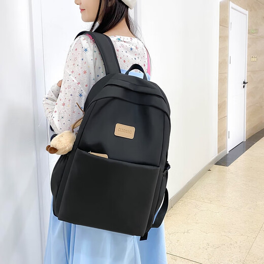 新款双肩包女书包大容量轻便电脑包男生电脑包背包学生书包旅行包 黑色送挂件
