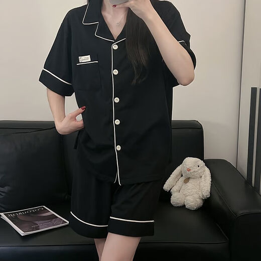 莫代尔韩版简约纯色棉睡衣女短袖短裤夏季两件套宿舍可外穿家居服套装 9903#黑色 M 80-100斤
