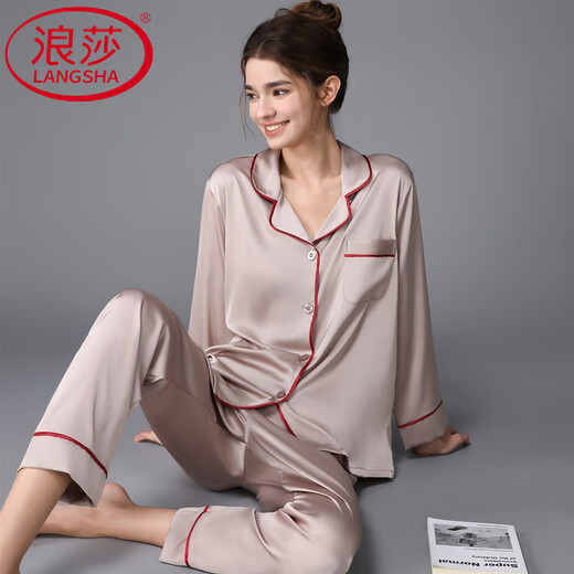 浪莎（LangSha）轻奢冰感女款睡衣冰长袖家居服女春秋款夏季新款真丝薄款 松绿3899 2XL (体重125斤到140斤)