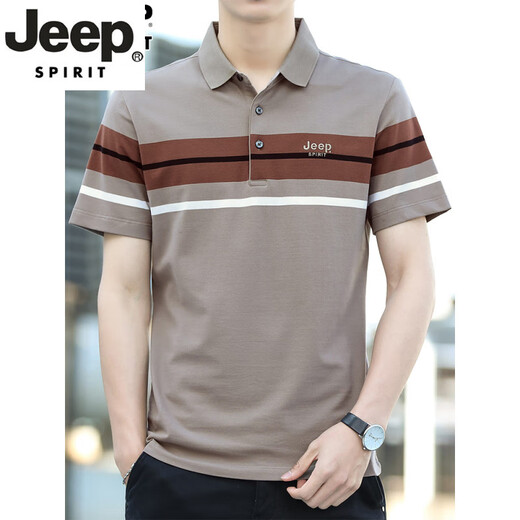 JEEP SPIRIT高端新款男士纯棉短袖t恤2025夏款条纹体恤商务休闲翻领polo衫男 6231深灰色 M 100-120斤