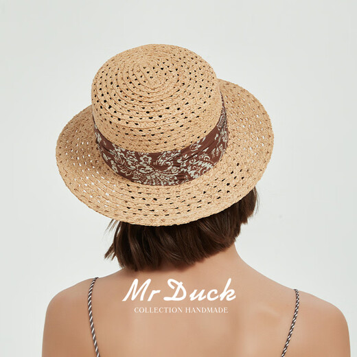 Mr DUCK2025秀场款 进口马达加斯加 拉菲草帽子女 夏天法式平顶礼帽镂空 本草/佩斯利啡棕（镂空平顶帽） M（55-57cm）
