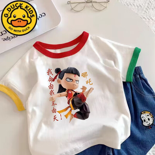 G.Duckkids Kinder reines Baumwoll-Kurzärmel-T-Shirt im Sommer Nezha 2025 Neue Jungen und Mädchen mit halben Ärmeln kleine und mittelgroße Kinder-T-Shirt Drei-Farben Kurzärärt (736 Nezha) 100 cm