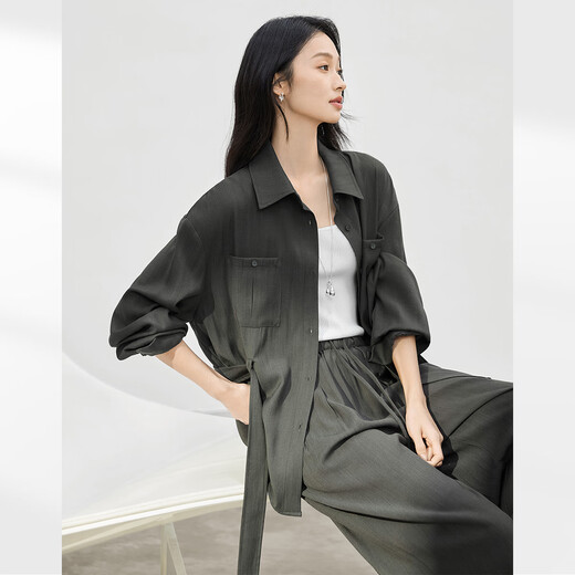 Diálogo Retro Traje de camisa suelta para mujeres 2025 Camisa de lino Outumn Nuevo pantalones de patas anchas Slack Set de dos piezas Green M
