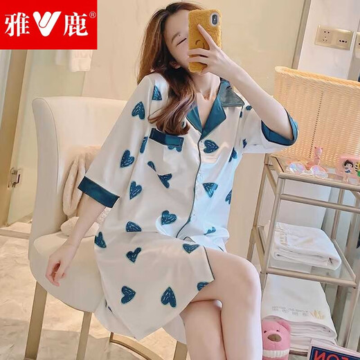 雅鹿高档网红睡裙女夏季薄款冰丝短袖衬衫女士睡衣凉感仿真丝绸家居服 CWS-9901# L 【95-120斤】