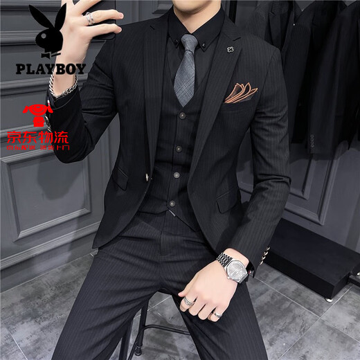 花花公子（PLAYBOY）西服男士套装潮流韩版修身英伦新郎结婚礼服商务职业正装休闲西装 深灰色纹理9905【西服+西裤+马甲1 XL 130斤穿