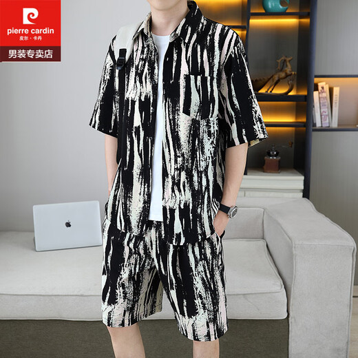 皮尔卡丹（pierre cardin）痞帅衬衣一套男夏季冰丝套装高级感花衬衫短袖短裤沙滩两件套搭配 679白色套装 M 110斤以内