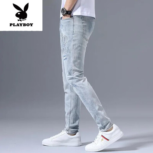 花花公子（PLAYBOY）夏季弹力牛仔裤男士破洞刺绣潮流修身小脚浅色百搭长裤子新品 浅蓝色3890皇冠破洞裤 36 【建议165-180斤】