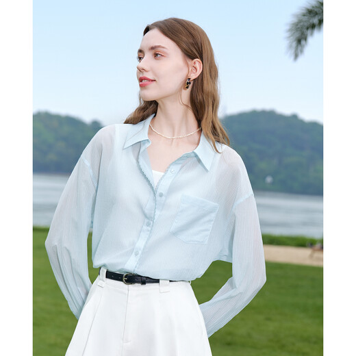 
Baitu betu women's clothing 2025 summer new shirt texture micro texture striped shirt thin coat for women 2507T31 light blue S
