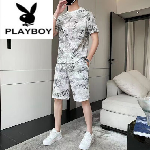 Playboy (Playboy) Pure Cotton 2023 New Ice Seide Kurzarm T-Shirt Set Herren Casual Sports zweiteiler Set Herren Lose Sommer Trend 671 Schwarzer Set XL 130jin [Jin entspricht 0,5 kg] -145jin [Jin gleich 0,5 kg]