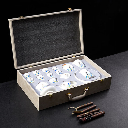 Xianjuren high-end gold silk enamel complete set of Kung Fu tea set thin body mutton fat jade white porcelain tureen tea cup set light luxury gift box Haiwen Crane Tea Ceremony Gift Pack 15 pieces