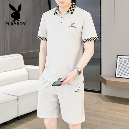 花花公子（PLAYBOY）夏季男士套装短袖POLO衫潮流一套搭配休闲男装夏装t恤短裤二件套 TZ9902米色 M
