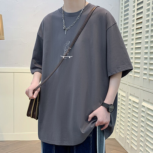 叮噜鱼宽松男士短袖重磅T恤男夏季港风上衣服凉感透气青少年五分半袖男t 3899灰色 L (约140-160斤可穿)