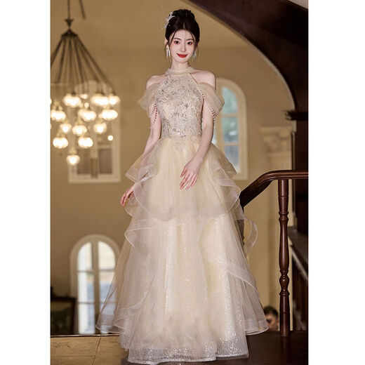 Champagne halterneck tassel evening dress for host adult ceremony, light wedding dress, high-end dressing gown, female bride's toast dress, engagement dress, champagne color XS