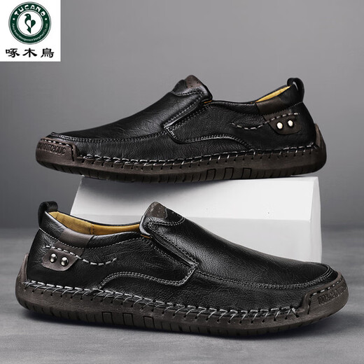 Holzspecker nimmt echte Leder-Kuhläppchen lässige Lederschuhe weiche Leder-Sohle-Kicks Bohnenschuhe vielseitig große Herrenschuhe schwarz [9920 Vierjahresmodell] 38