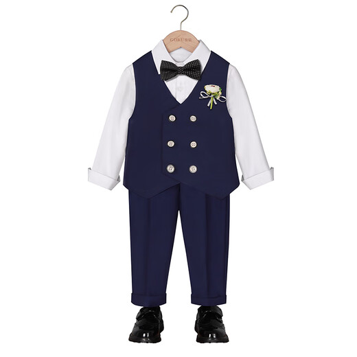 GOKU boys' suit autumn piano performance host suit children's chorus suit high-end one-year-old baby boy dress blue vest + pants + shirt + tie corsage 130 (recommended weight 43-50 Jin Jin equals 0.5 kg)