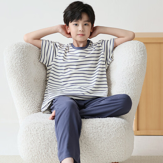曼妮朵儿童睡衣男孩大童夏季薄款短袖长裤空调服青少年男童纯棉家居服 N9901【短长】 170 XL码建议165-170cm