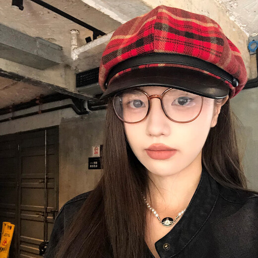 Yuna Red Plaid Woolen Octagonal Hat Women's Autumn and Winter British Retro Beret Hat Women's New Retro Newsboy Hat Red One Size