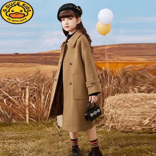 G.DUCKKIDS女童呢子外套加棉儿童毛呢大衣中长款秋冬新款大童洋气女孩学院风 奶茶色夹棉款 130 身高120-125cm年龄7-8岁