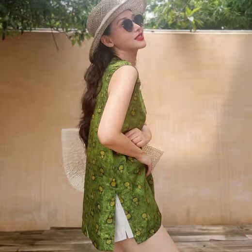 Flower Shadow Yaoyao Mejora de nuevo estilo chino seda jacquard fragancia nube de nubes top para mujeres con chaleco sin mangas sin mangas clip de caballo pequeño longitud media e50790 verde regular s