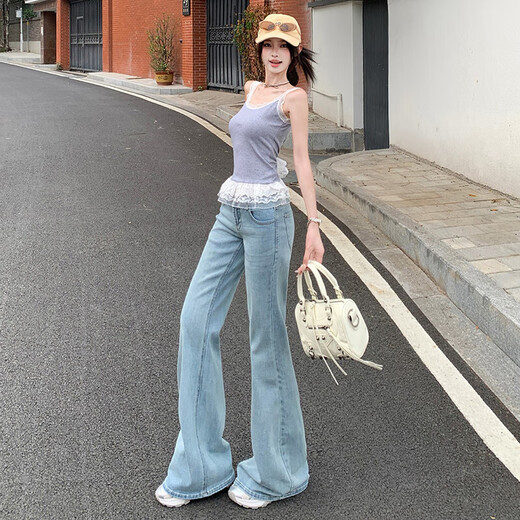 Light Color American Low Wisting Micro-Flare Jeans para mujeres en primavera y verano 2025 Nuevos pantalones de herradura sueltos y largos Pantalones azules Size S Tamaño de 89-98 Jin [Jin equivale a 0.5 kg]