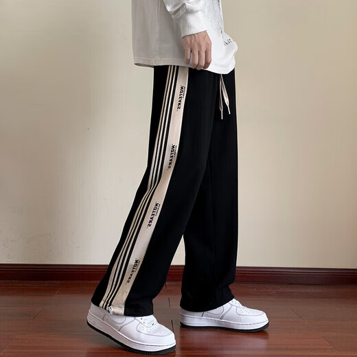 Foss Phil pants men's spring and autumn casual pants trendy striped loose sports straight trousers for men and teenagers ZX-K301 black 2XL (150Jin Jin is equal to 0.5kg -165Jin Jin is equal to 0.5kg)