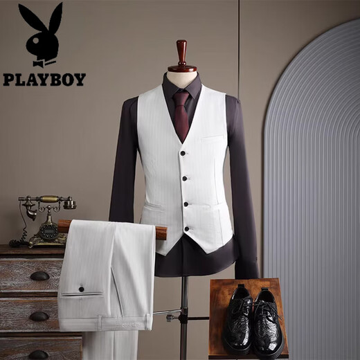 Playboy 2025 Winter New White Suit Suit Men's Business Formal Fit Stripe Suit Wedding Engagement Dress Morning Mist Gray Three-piece Suit 4XL 58