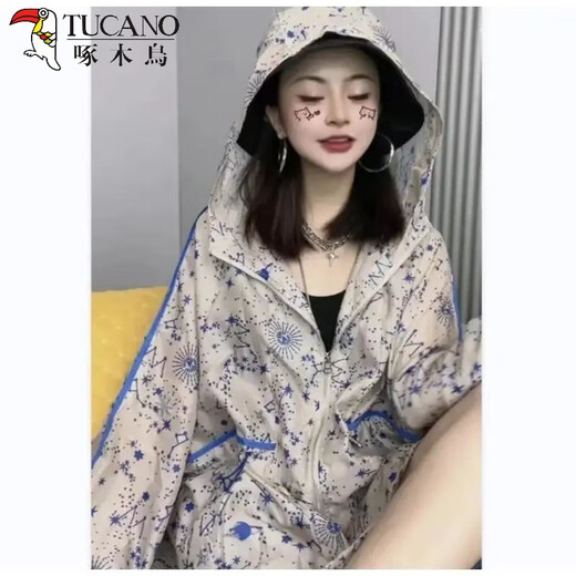 
Woodpecker summer sun protection clothes female star sky blue printed hooded zipper cardigan European loose drawstring long sleeve breathable short jacket Jasmine red thin thin M