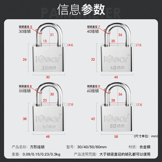 iGear挂锁防水防锈门锁工具锁家用学校商铺门锁小防盗窗锁四把钥匙30mm
