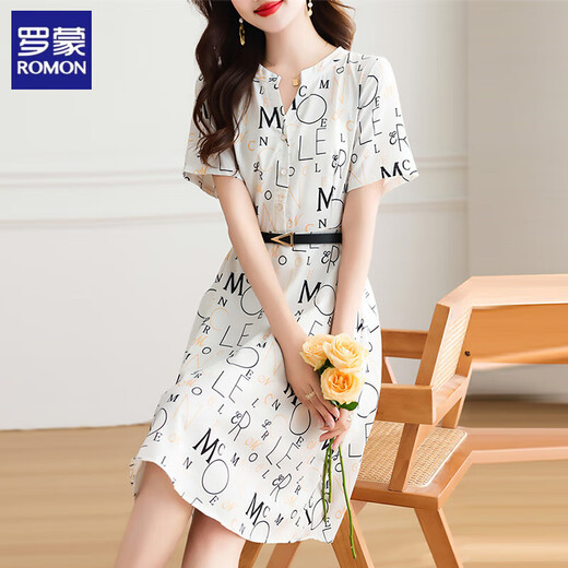 ROMON high-end dress summer 2025 new small person with fashionable temperament waist-hugging and slimming fashionable printed chiffon skirt color 2XL recommended 130-140Jin [Jin equals 0.5 kg]