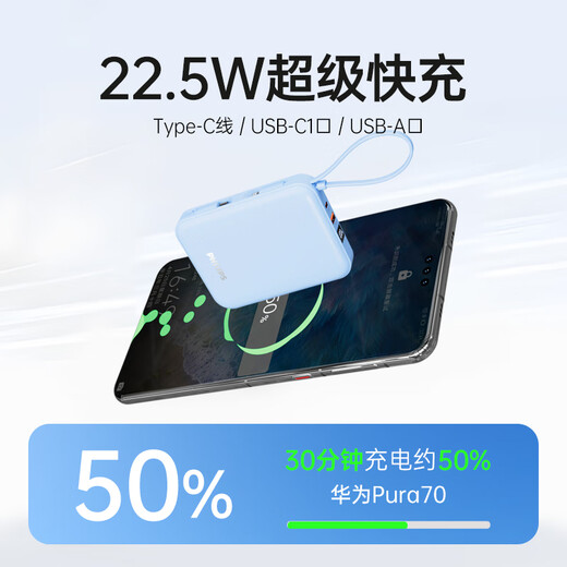 Philips national standard 3C certification can be used on airplanes. It comes with a dual-wire power bank, 20000 mAh, large capacity, compact and portable 22.5W fast charging mobile power supply, suitable for Huawei and Apple 17