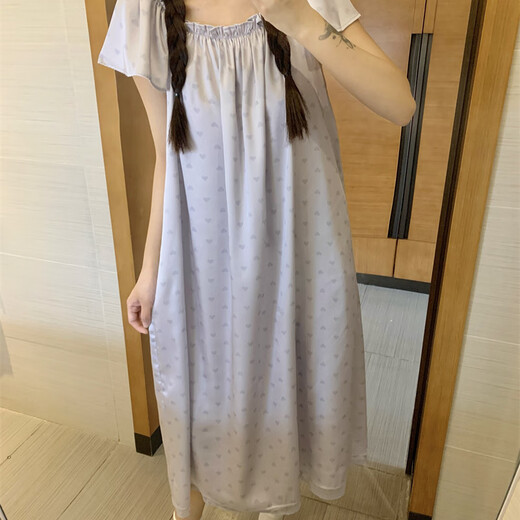 山头林村夏季短袖冰丝睡裙女韩系简约公主风波点爱心睡衣仿绸家居服薄 6627#紫色爱心 M