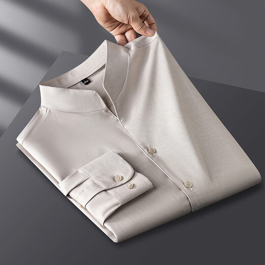 Chaolilong Spring and Autumn Thin Henley Collar Cool Shirt Men's Long Sleeve High-End Mid-mountain Collar Casual Korean Style Trendy Shirt Men's Khaki XL