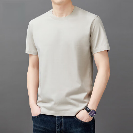 UOSO International Light Luxury Pure Cotton Kurzärmel-T-Shirt für Herren Sommer Dünne Mode Einfache Feste Farbe Top Trendy und Casual YS9929 Camel S 165 [90-110jin [Jin entspricht 0,5 kg]]