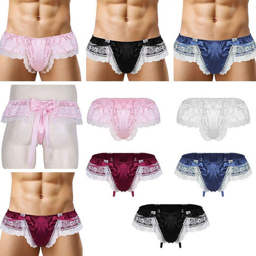 Large Size Bow Transvestite Panties Men's Low Waist Thong Lace Sexy Women's Gangster Sexy T White M