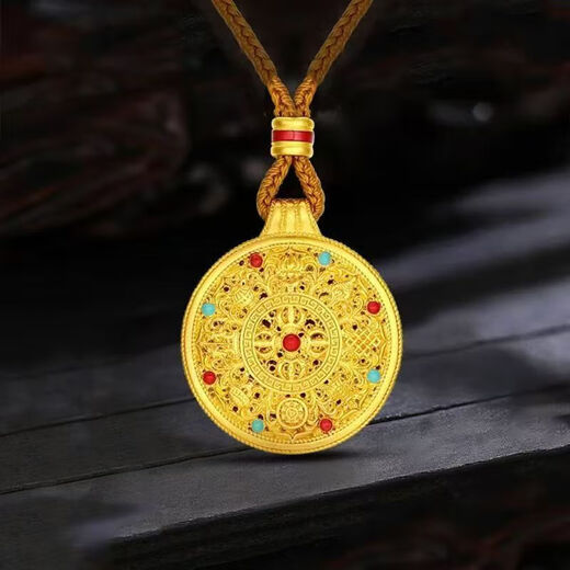 Vietnamese Sand Gold Eight Treasures Compass Necklace for Men and Women, Ancient Heritage Pendant, Gold Braided Rope Fu Brand Sweater Chain, Eight Treasures Compass + Brown Ruyi Rope, Gift Box Style