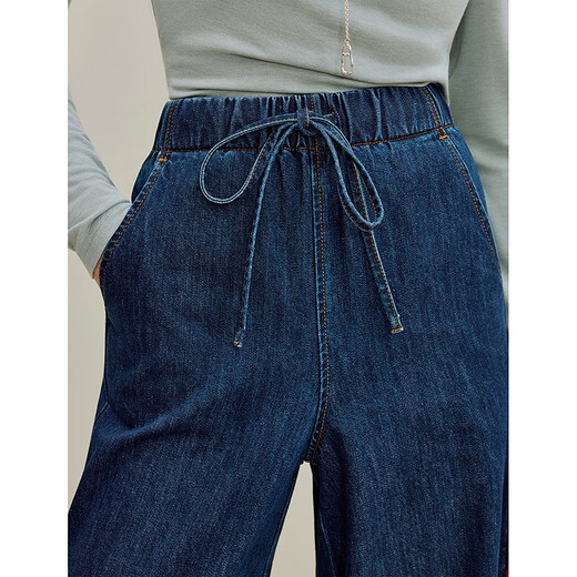 
Inman retro lace-up elastic wide-leg jeans 2025 autumn women's new straight trousers trousers denim blue S