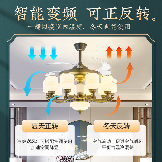 雷士新中式风扇灯隐形吊扇灯客厅吊灯现代简约中国风餐厅卧室电扇 16886头遥控风扇灯[升级全光谱三