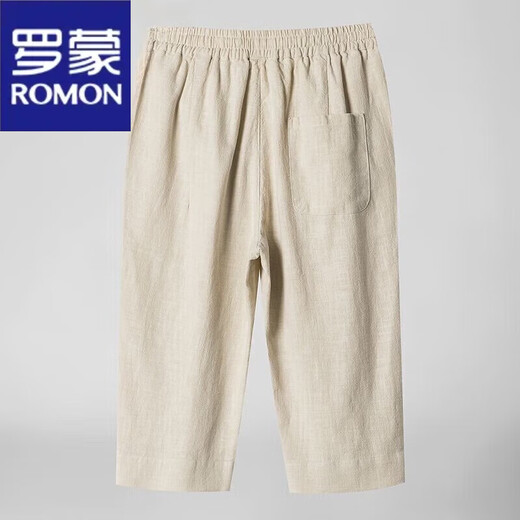 罗蒙（ROMON）2025棉麻7七分裤男士夏季宽松薄款新中式直筒短裤大码亚麻裤子 8222米色 L 1105-120  斤