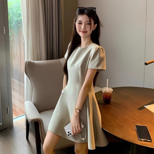 Lan Lianshu French dress skirt for women autumn 2025 new small slim Hepburn style small fragrant skirt French waist short-sleeved dress Green One size fits all Recommended 110Jin Jin is equal to 0.5kg within