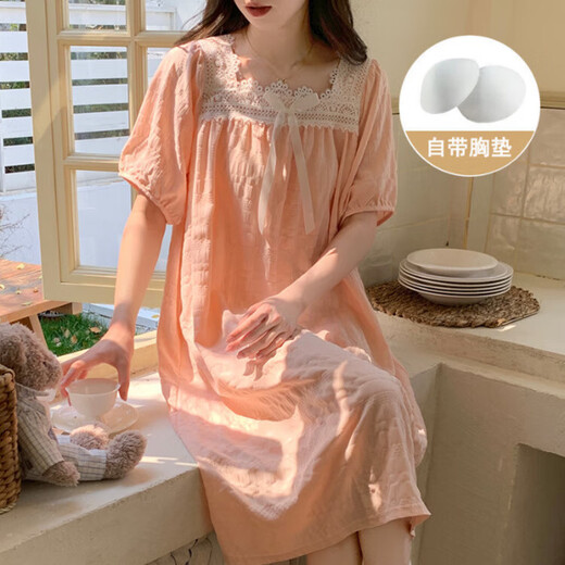 Camisón de manga corta con algodón de algodón de algodón de algodón de color sólido para mujeres en verano estilo dulce princesa suelto y se puede usar fuera de ropa casera y671# albaricoque xl