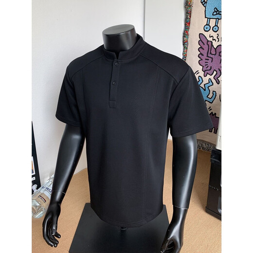 
Light gray deconstructed Henry neck polo shirt men's summer American trendy short-sleeved T-shirt for men's handsome versatile top light gray L