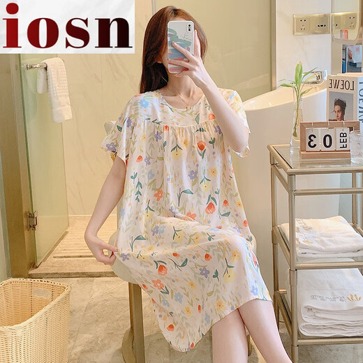 IOSN睡裙女夏季甜美可爱学生睡衣加大码圆领短袖棉绸家居服薄款 yzl-gz15260 L 码建议95-120斤