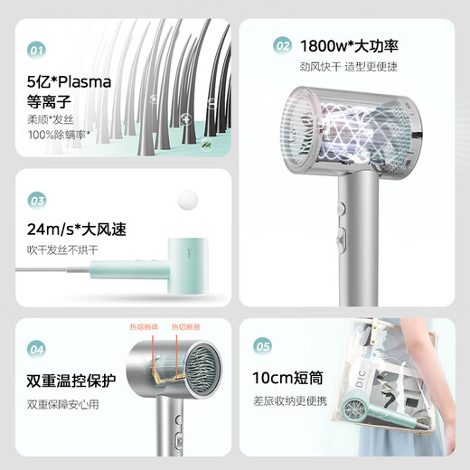 Midea 500 million plasma protection hair dryer household negative ion hair dryer 1800W high power portable hair dryer FJ308 silver national subsidy holiday/birthday gift