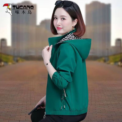 Woodpecker Women's Short Jacket Spring y Autumn 2025 Nuevo Madre de mediana edad suelta Top con capucha de gran tamaño Mhaki M (sugerido 80-95 Jin [Jin es igual a 0,5 kg])