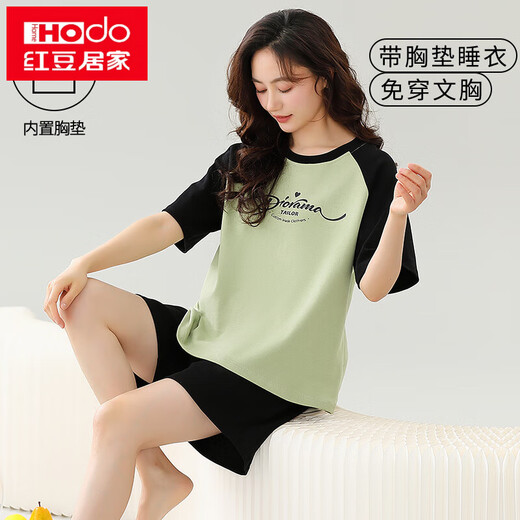 红豆（Hodo）带胸垫一体纯棉睡衣女夏款短袖短裤韩版甜美加大码夏天家居服套装 带胸垫短袖套装-G1047 XL 女【建议120-130斤】