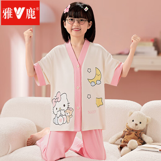 
Yalu children's pajamas girls summer cotton short-sleeved trousers thin spring and autumn girls cartoon medium-sized children's home clothes set Lively pig-1283 cotton girl 170 size 8 (height 95-105CM)