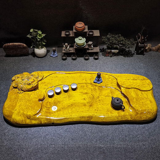 Miaopu Le authentic high-end solid wood root carving golden silk nanmu tea tray whole root carving tea tray golden silk nanmu wood belt drainage T263-3888 yuan