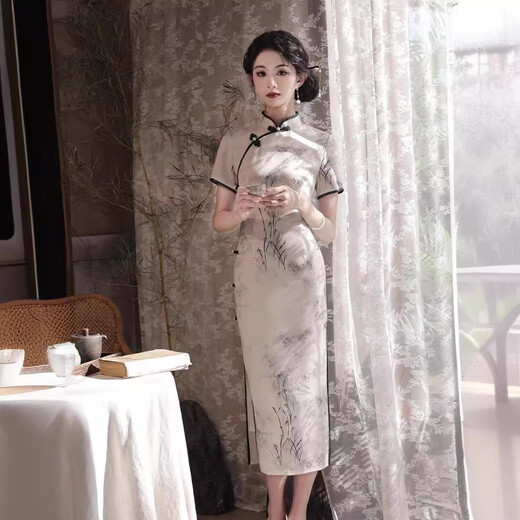 
ZHIDOUDOU new Chinese cheongsam imitation acetate retro long slim-fit Chinese style young girl simple and elegant modified daily cheongsam 9227 S 80--90Jin [Jin equals 0.5 kg]
